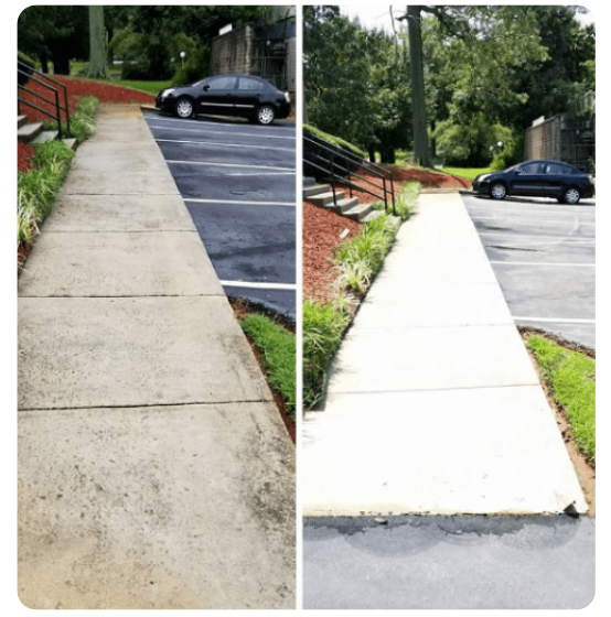 Before and after comparison of a concrete sidewalk cleaned with professional power washing in Columbus, removing dirt and discoloration.