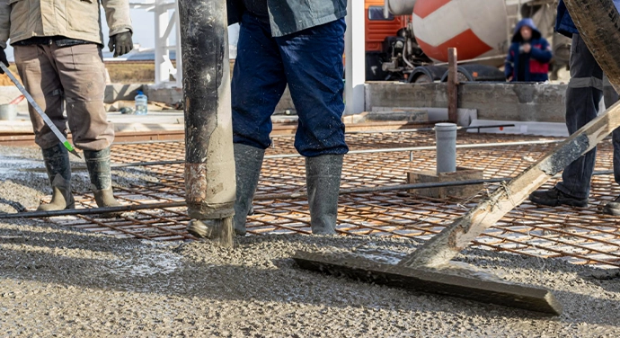 commercial-concrete-pouring-columbus-ohio Workers pouring and leveling commercial concrete over reinforced rebar during a commercial concrete installation project in Columbus, Ohio.